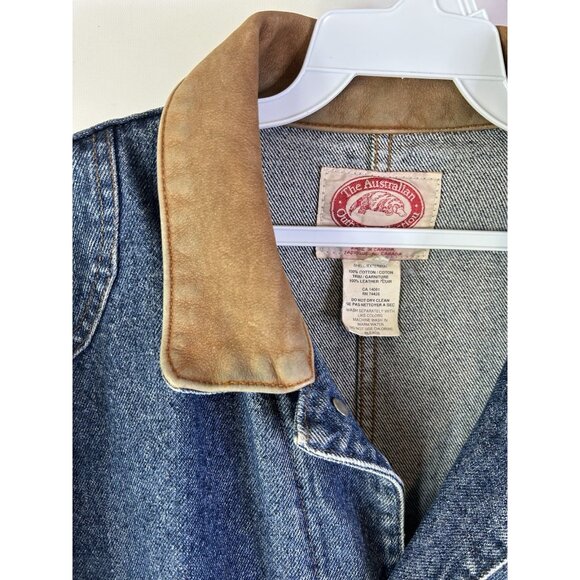 Vintage 90s Leather Collar Denim Jean Trucker Jacket Barn Chore Coat - Picture 5 of 13